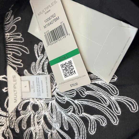 NWT Womens Multiples Black/White Embroidered 3/4 Sleeve Tunic Artsy Size L - Picture 3 of 10